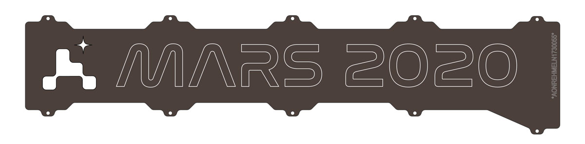 A long rectangular shape with a stylized rover and the words “Mars 2020” written across it, and a small string of 17 characters along the right side