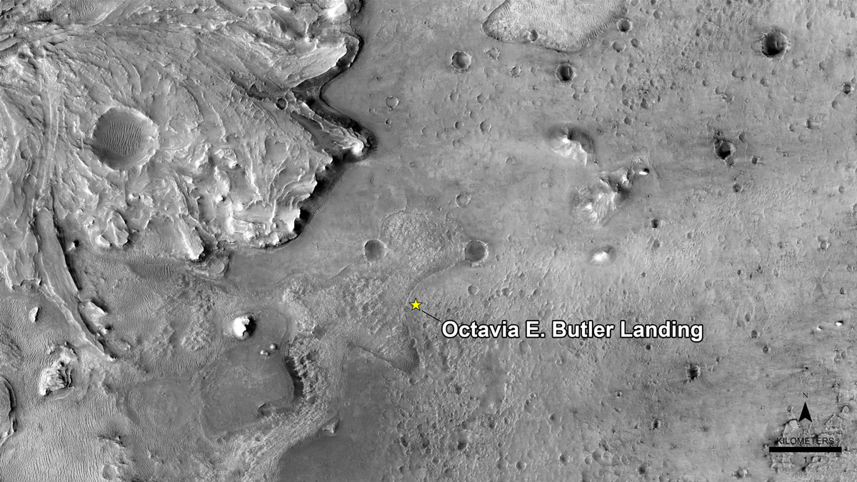 NASA has named the landing site of the agency’s Perseverance rover after the science fiction author Octavia E. Butler, as seen in this image from the High Resolution Imaging Experiment camera aboard NASA’s Mars Reconnaissance Orbiter.