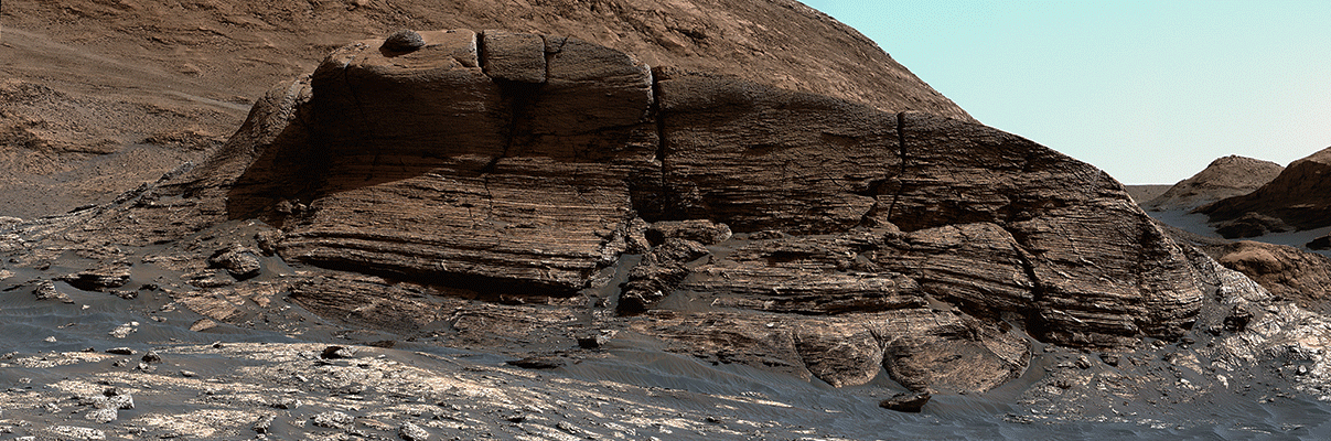 NASA’s Curiosity Mars rover used its Mastcam instrument to take the 32 individual images that make up this panorama of the outcrop nicknamed “Mont Mercou.”