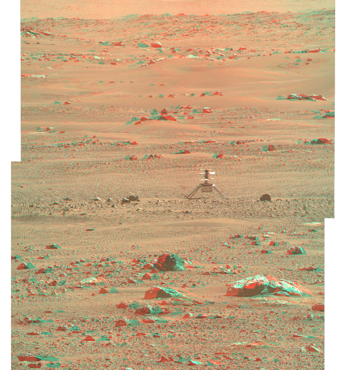 Ingenuity Mars Helicopter is seen here in 3D using images taken June 6, 2021, by the left and right Mastcam-Z cameras aboard NASA’s Perseverance Mars rover. 