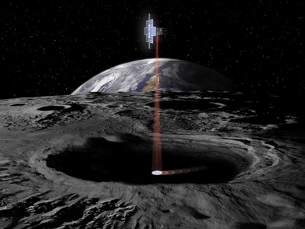 This illustration shows the Lunar Flashlight spacecraft, a six-unit CubeSat designed to search for ice on the Moon’s surface using special lasers.