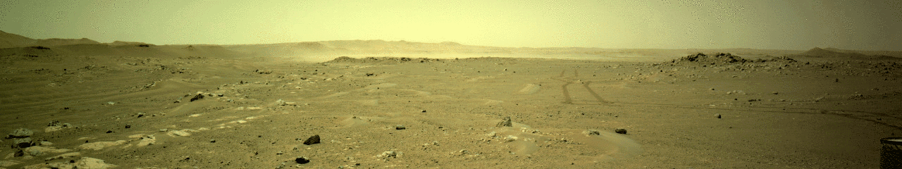 This series of images from a navigation camera aboard NASA’s Perseverance rover shows a gust of wind sweeping dust across the Martian plain beyond the rover’s tracks on June 18, 2021 (the 117th sol, or Martian day, of the mission).