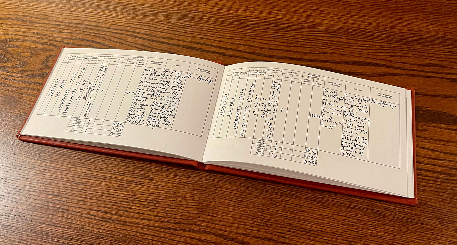 Håvard Grip, chief pilot of NASA's Ingenuity Mars Helicopter, documents the details of each flight in the mission’s logbook, The Nominal Pilot’s Logbook for Planets and Moons, after each flight. Entries for Flights 9 and 10 are seen here.