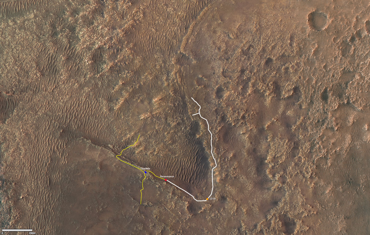 Mars map containing depiction of the ground track (indicated in white) of NASA’s Perseverance rover since it arrived on Mars on Feb. 18, 2021.