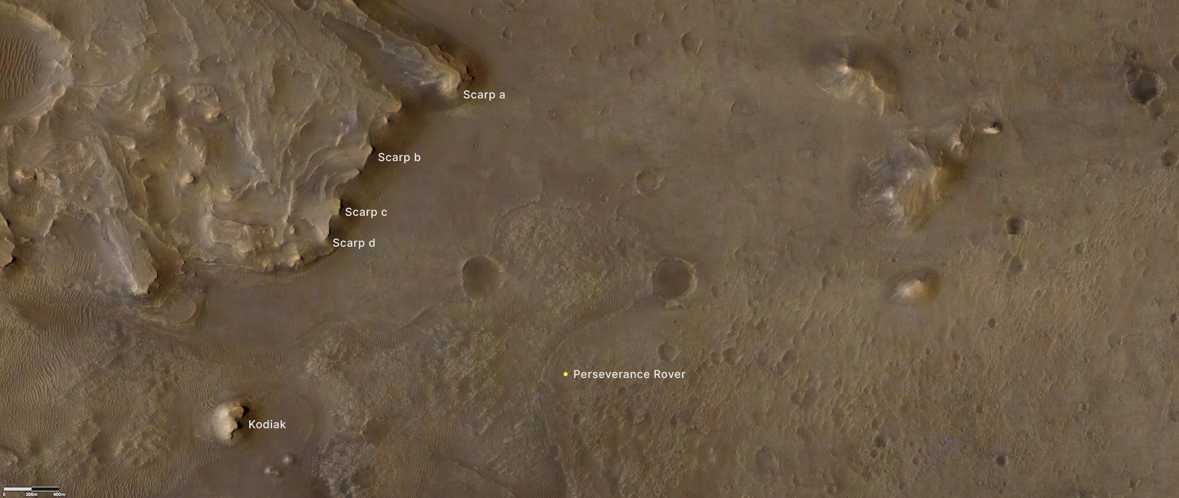 This image indicates the locations of NASAs Perseverance rover, as well as the Kodiak butte and several prominent steep banks known as escarpments, or scarps, along the delta of Jezero Crater.