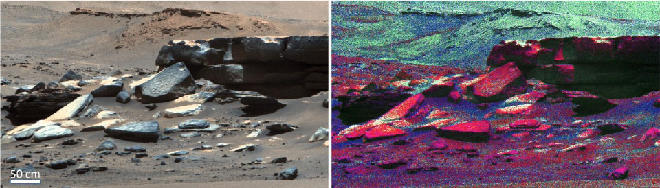 The image on the left is an enhanced-color image taken by the Mastcam-Z imager aboard NASA’s Perseverance rover of a rocky outcrop in the "Séítah" geologic unit of Jezero Crater.