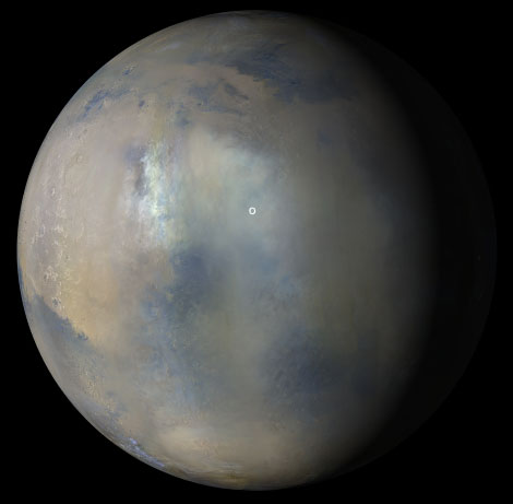 Images acquired Jan. 9, 2022, from the Mars Color Imager instrument on NASA’s Mars Reconnaissance Orbiter were combined to create this view showing the presence of a regional dust storm obscuring the location of Perseverance rover and Ingenuity Mars Helicopter (white circle).