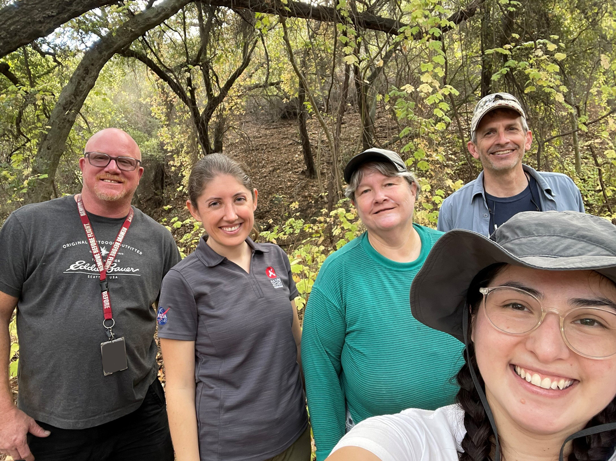Members of the JPL team that went searching for Mars-like rocks in the Santa Margarita Ecological Reserve pose for a selfie. From left: Errin Dalshaug, Iona Brockie, Louise Jandura, Ken Farley, and Sarah Yearicks.