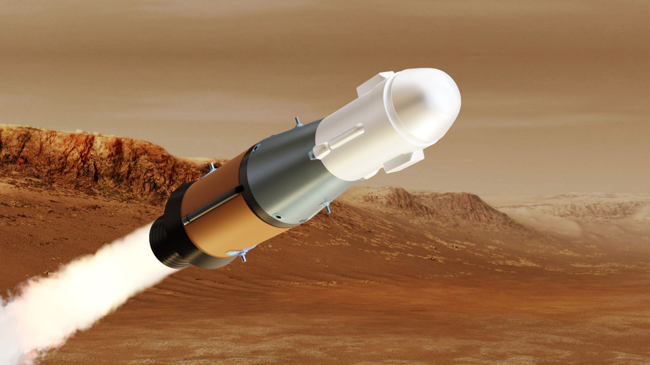 This illustration shows NASA’s Mars Ascent Vehicle (MAV) in powered flight.