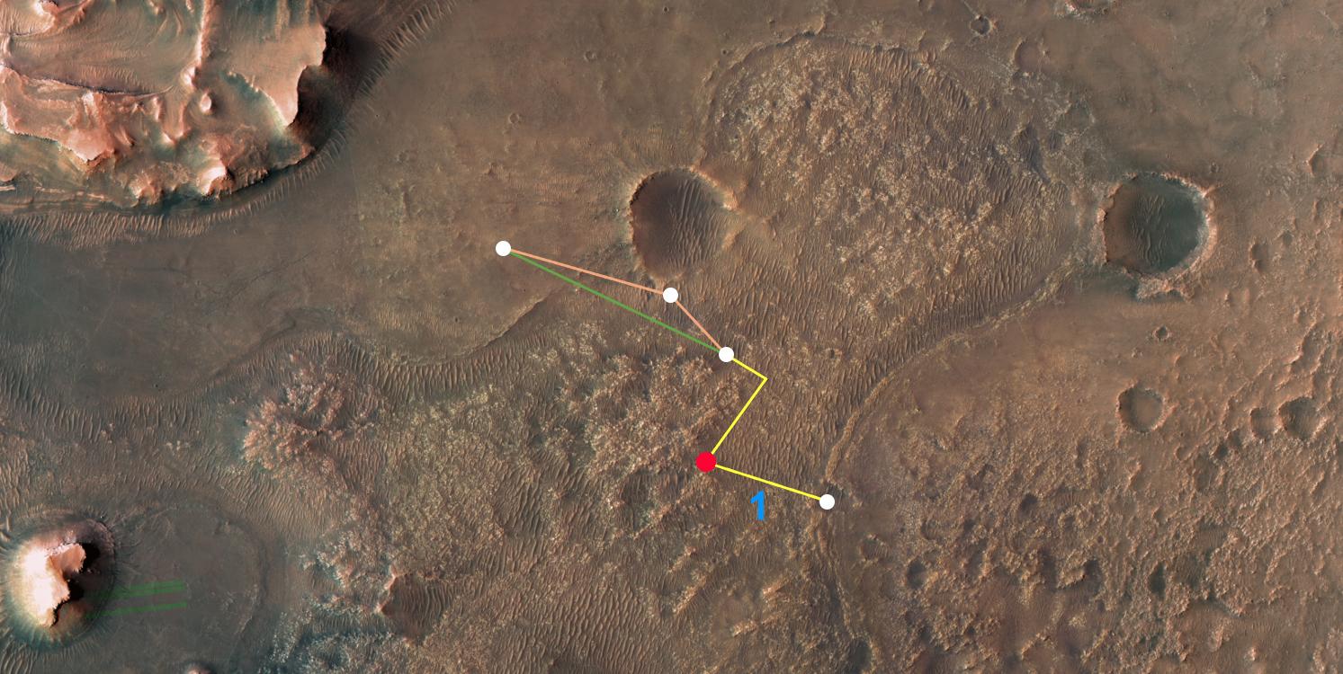 This annotated image depicts the multiple flights – and two different routes – NASAs Ingenuity Mars Helicopter could take on its trip to Jezero Craters delta.