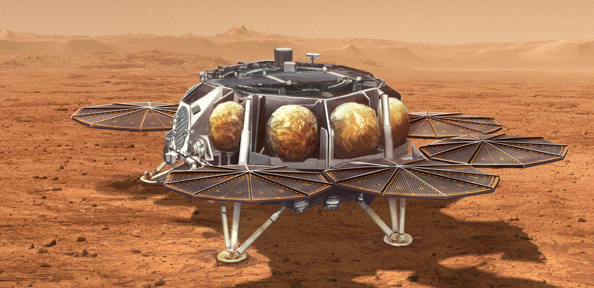 This illustration shows a concept for a proposed NASA Sample Retrieval Lander that would carry a small rocket (about 10 feet, or 3 meters, tall) called the Mars Ascent Vehicle to the Martian surface.