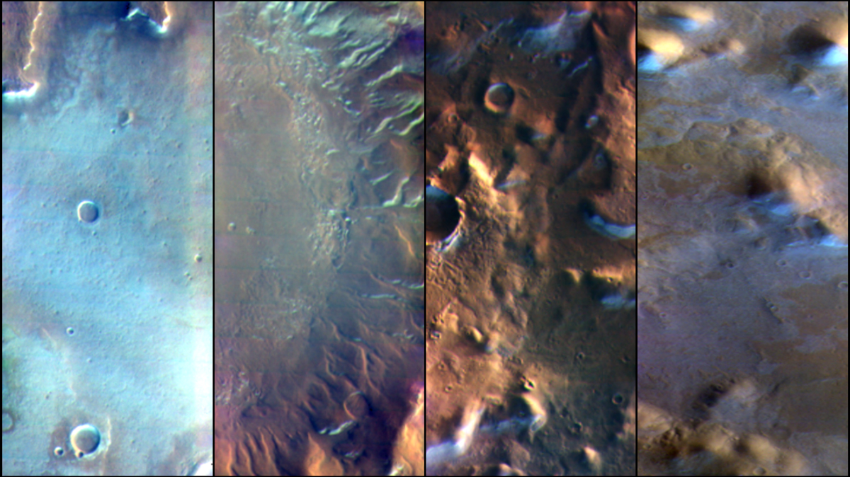 Martian surface frost, made up largely of carbon dioxide, appears blueish-white in these images from the Thermal Emission Imaging System (THEMIS) camera aboard NASA’s 2001 Odyssey orbiter. THEMIS takes images in both visible light perceptible to the human eye and heat-sensitive infrared.