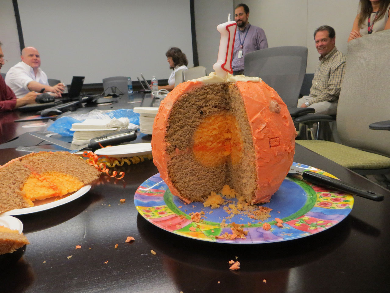 NASA’s InSight lander team enjoyed this Mars-shaped cake on the first anniversary of the spacecraft’s Nov. 26, 2018, landing. The cake came complete with its own inner layers – just like the Red Planet.