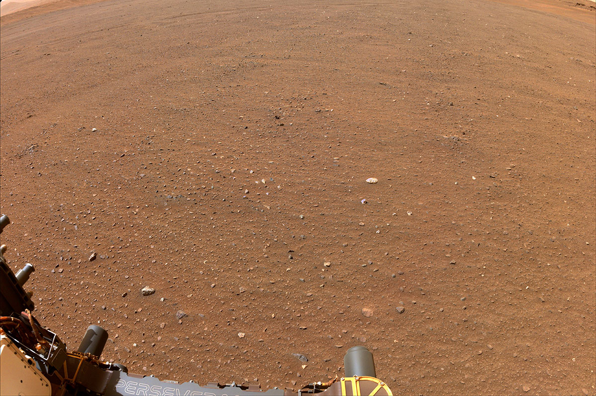 Flat terrain in Jezero Center captured by one of NASA's Perseverance Mars rover's navigation cameras.