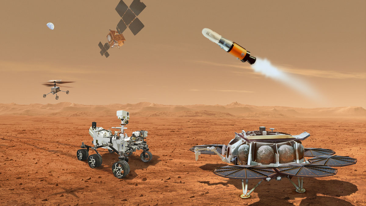 The Perseverance rover approaches a lander on the surface of Mars. A small rocket flies toward an orbiter overhead while a Mars helicopter flies in the background. A partially illuminated Earth appears in the distnace.