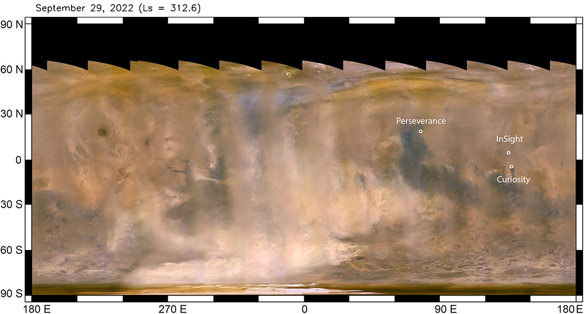 The beige clouds seen in this global map of Mars are a continent-size dust storm captured on Sept. 29, 2022, by the Mars Climate Imager camera aboard NASA’s Mars Reconnaissance Orbiter. 