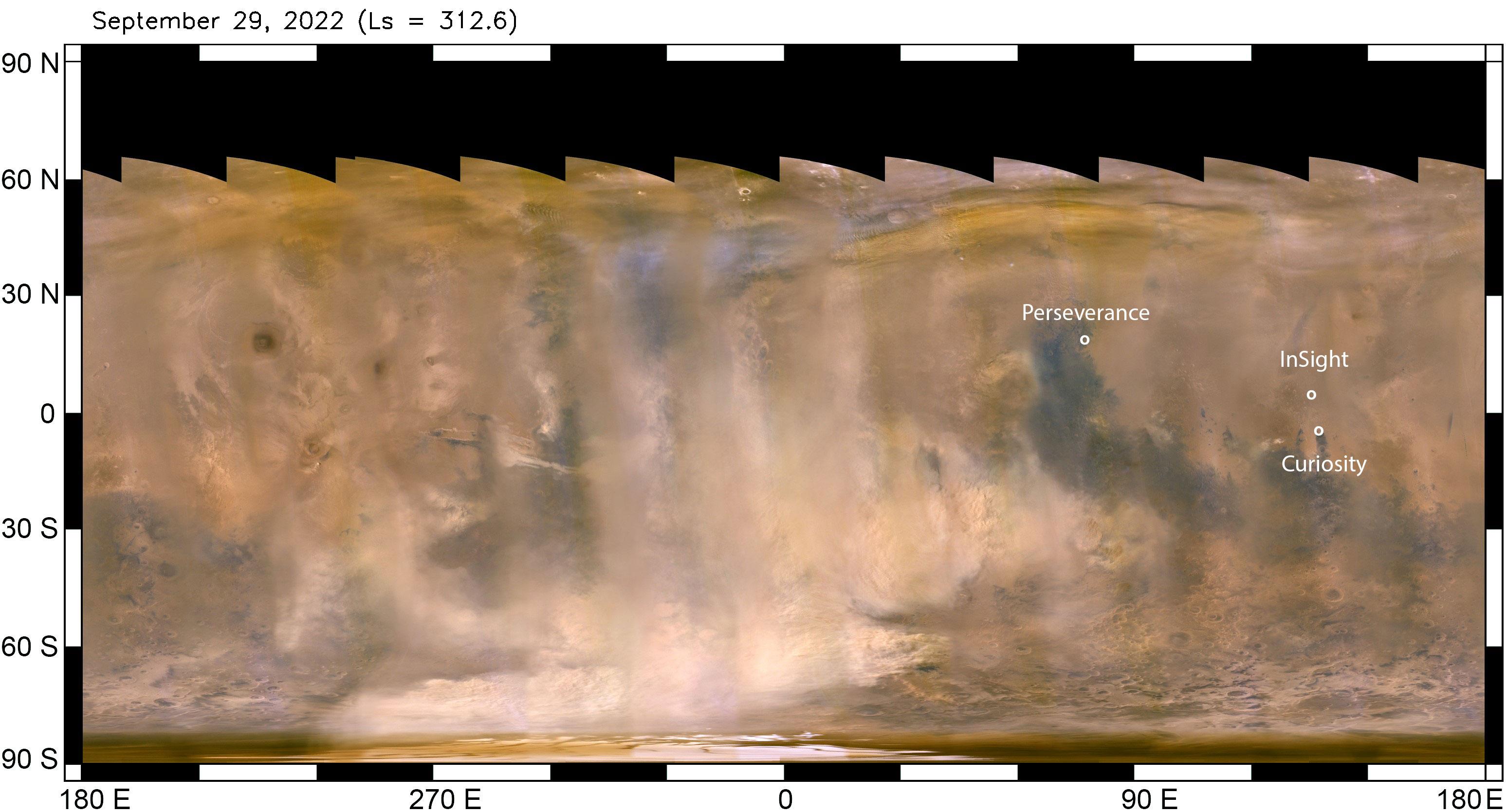 The beige clouds seen in this global map of Mars are a continent-size dust storm captured on Sept. 29, 2022, by the Mars Color Imager camera aboard NASAs Mars Reconnaissance Orbiter.