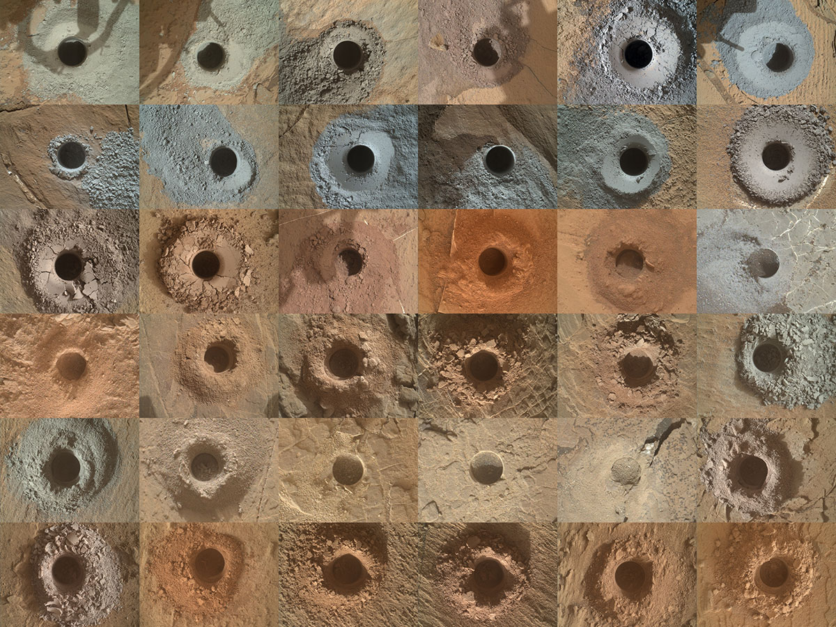 This grid shows all 36 holes drilled by NASA’s Curiosity Mars rover using the drill on the end of its robotic arm. The rover analyzes powderized rock from the drilling activities. The images in the grid were captured by the Mars Hand Lens Imager (MAHLI) on the end of Curiosity’s arm.