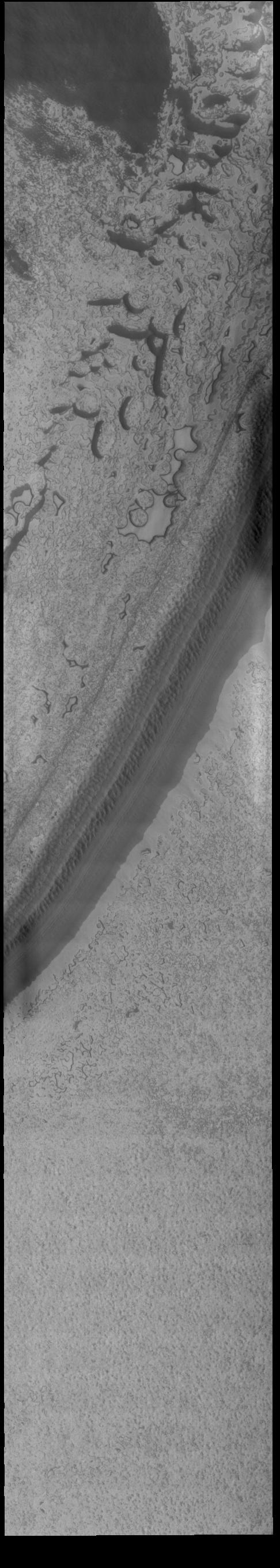 This image from NASAs Mars Odyssey shows part of the south polar cap. This image was taken at the end of southern summer.