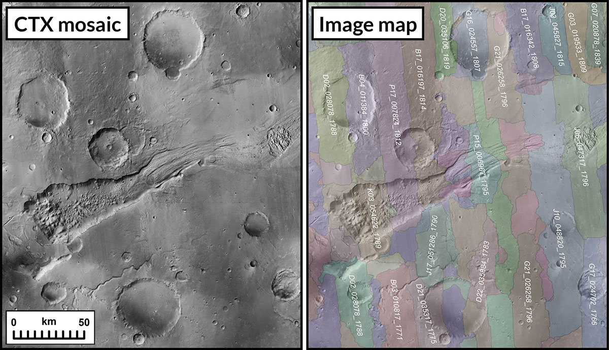 Imagen de mosaico CTX sin procesar a la izquierda, mapa de imagen con etiquetas a la derecha