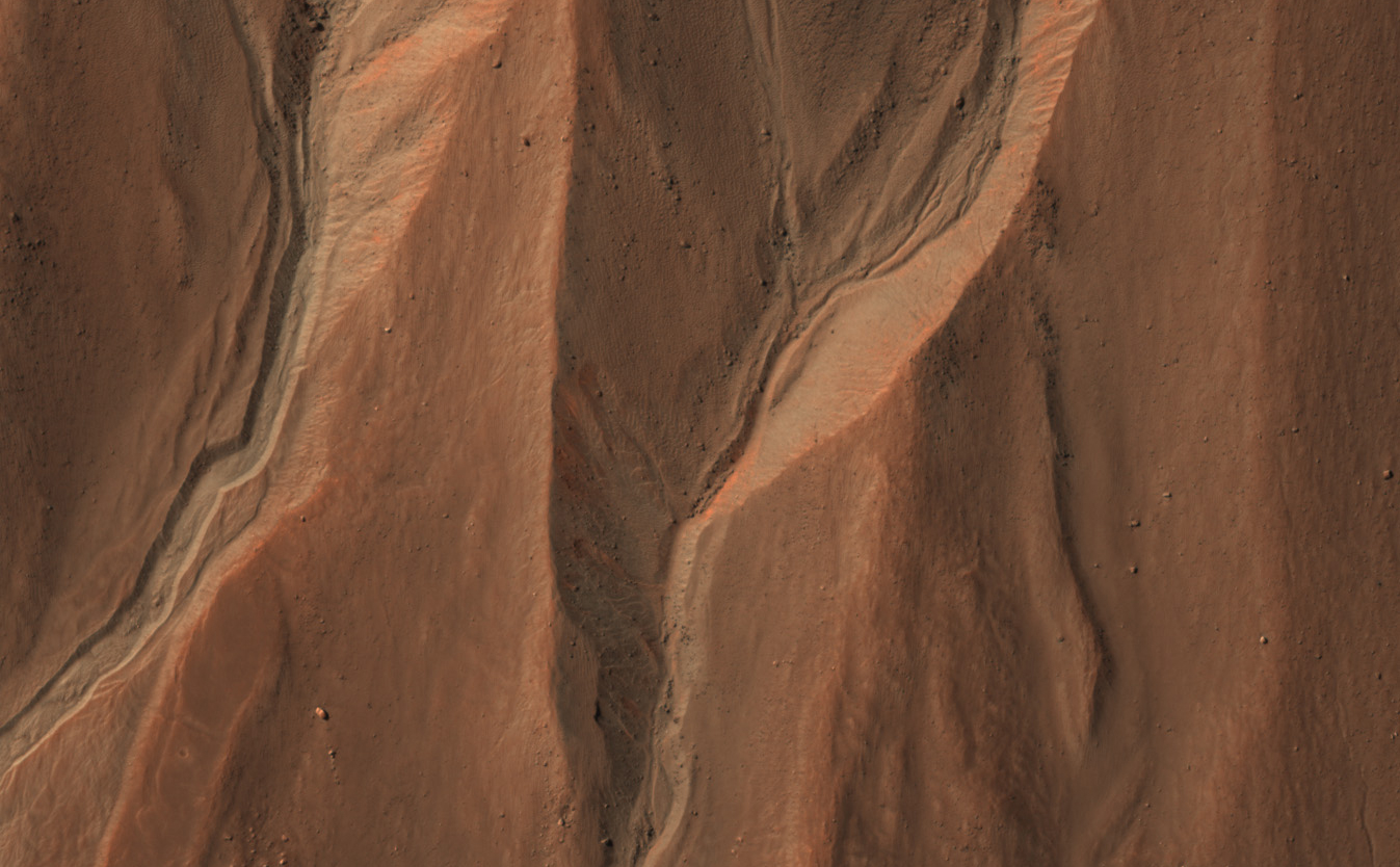This image from the High Resolution Imaging Science Experiment (HiRISE) camera on NASA's Mars Reconnaissance Orbiter shows gullies near the edge of Hale crater on southern Mars. The view covers an area about 1 kilometer (0.6 mile) across and was taken on Aug. 3, 2009.