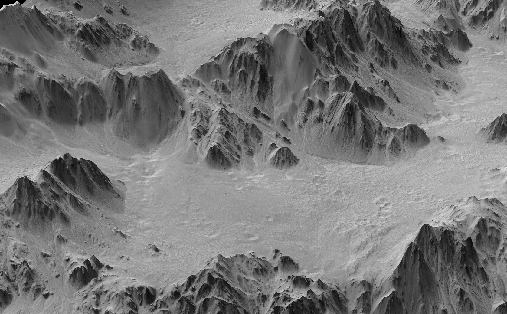 A digital terrain model generated from a stereo pair of images provides this synthesized, oblique view of a portion of the wall terraces of Mojave Crater in the Xanthe Terra region of Mars.