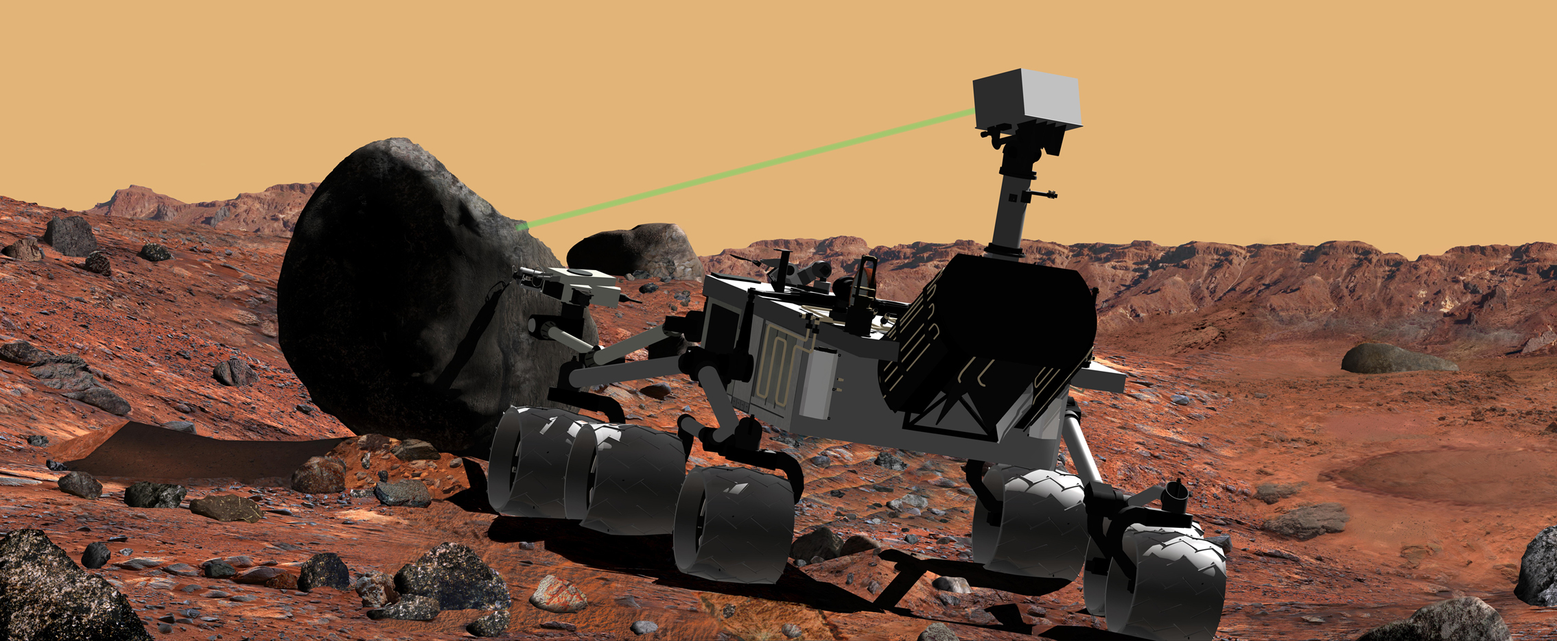 This artist's conception of NASA's Mars Science Laboratory portrays use of the rover's ChemCam instrument to identify the chemical composition of a rock sample on the surface of Mars.