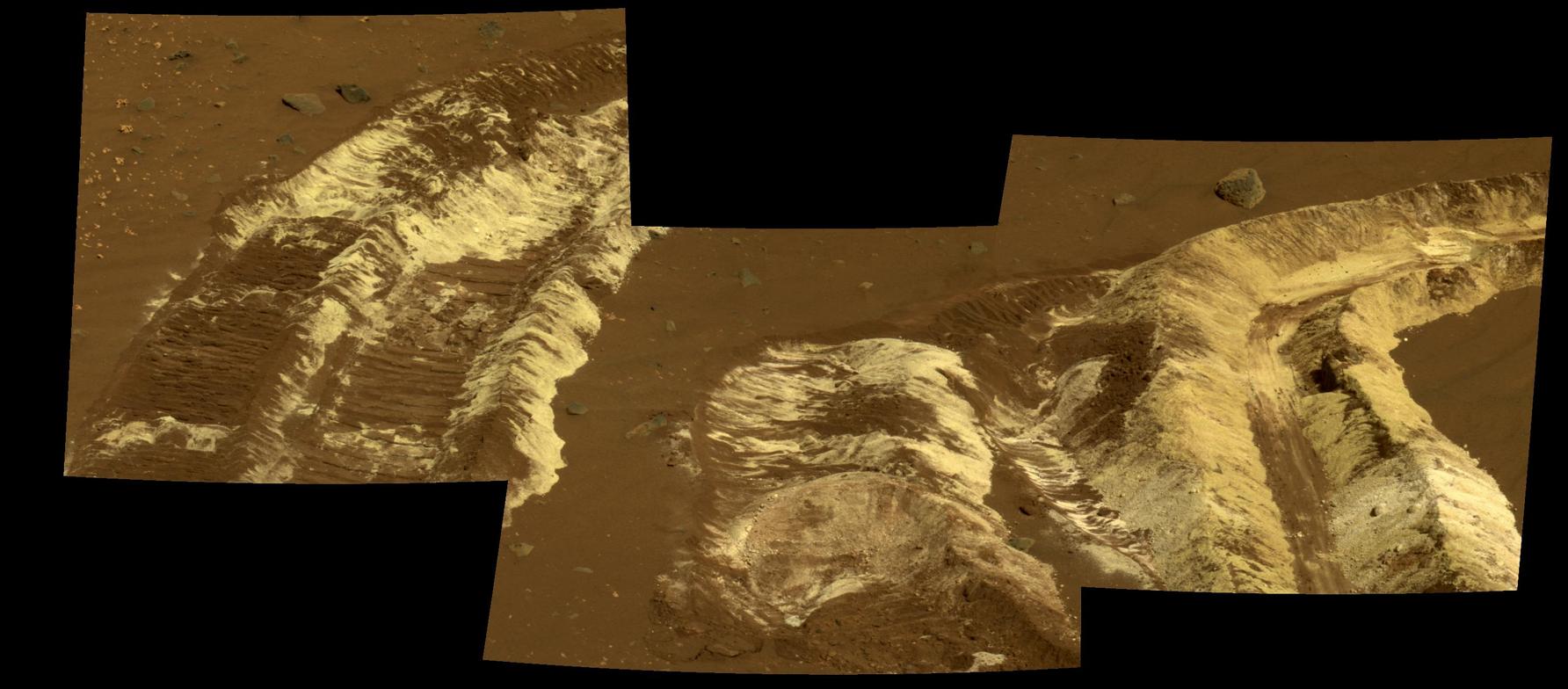 While driving eastward toward the northwestern flank of "McCool Hill," the wheels of NASA's Mars Exploration Rover Spirit churned up the largest amount of bright soil discovered so far in the mission