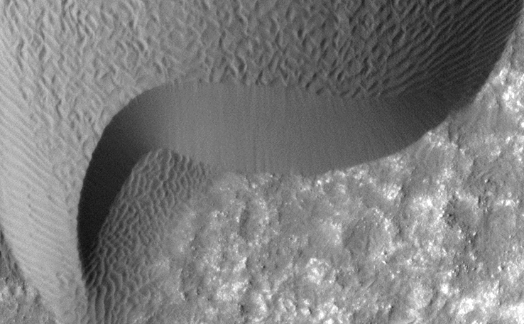 A rippled dune front in Herschel Crater on Mars moved an average of about two meters (about two yards) between March 3, 2007 and December 1, 2010, as seen in these images from NASA's Mars Reconnaissance Orbiter.