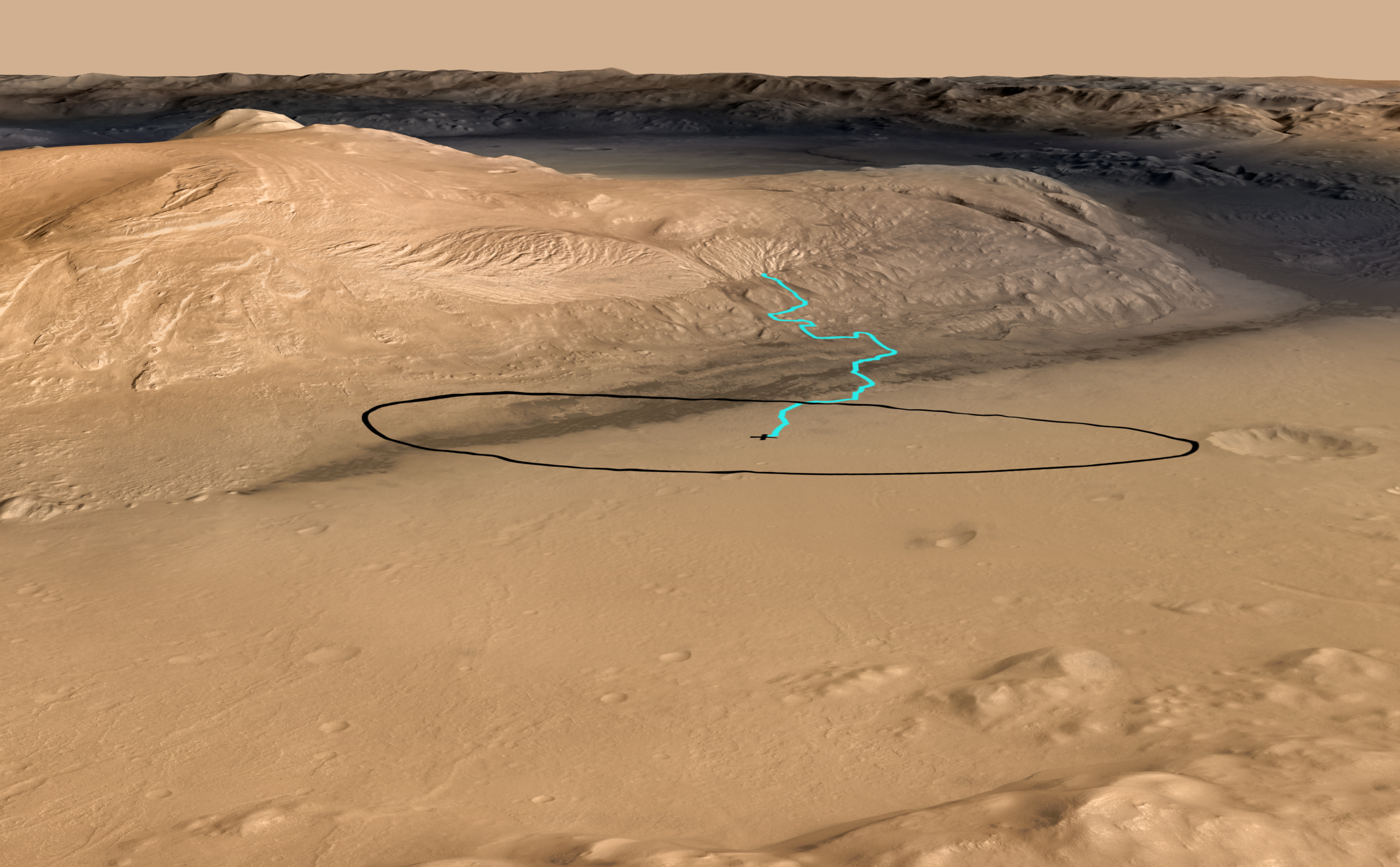 As of June 2012, the target landing area for Curiosity, the rover inside NASA's Mars Science Laboratory spacecraft, is the ellipse marked in black on this image.