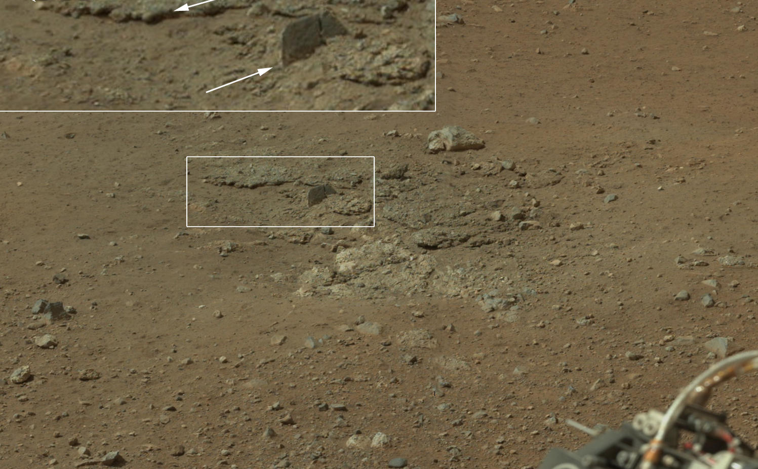 This color image from NASA's Curiosity rover shows an area excavated by the blast of the Mars Science Laboratory's descent stage rocket engines