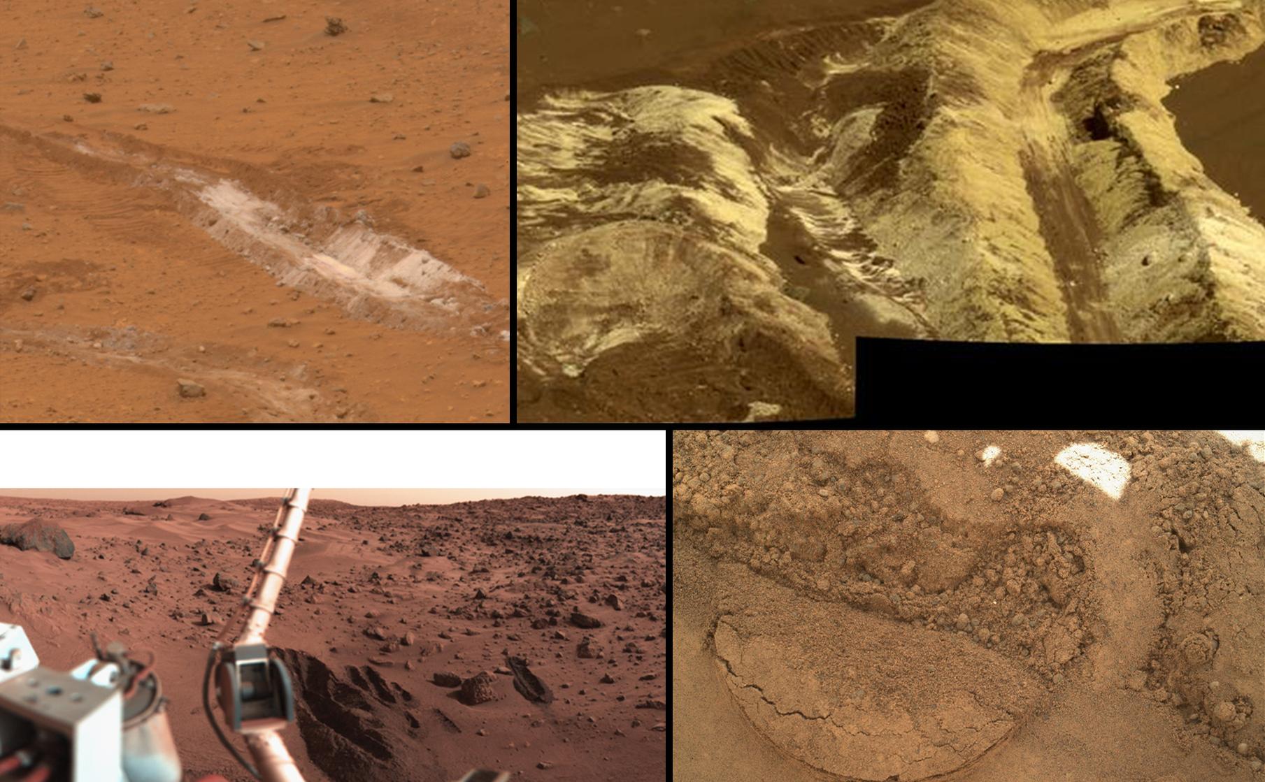 This collage shows the variety of soils found at landing sites on Mars.