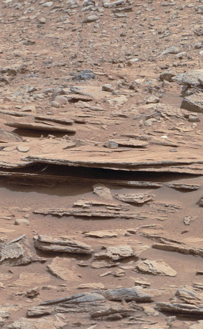 The NASA Mars rover Curiosity used its Mast Camera (Mastcam) during the mission's 120th Martian day, or sol (Dec. 7, 2012), to record this view of a rock outcrop informally named "Shaler."