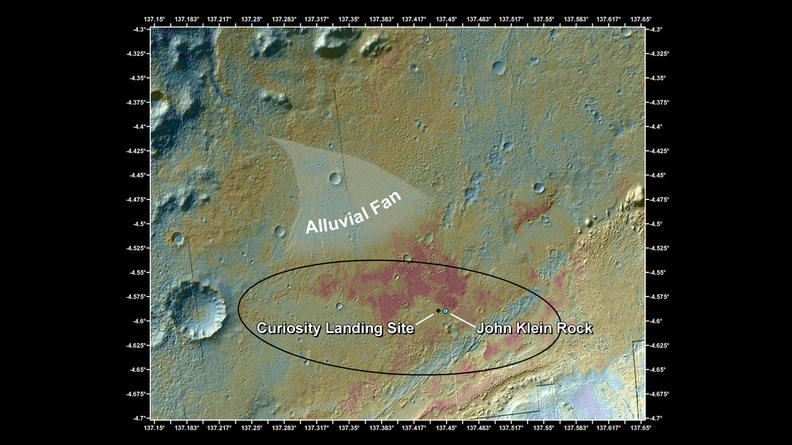 This false-color map shows the area within Gale Crater on Mars, where NASA's Curiosity rover landed on Aug. 5, 2012 PDT (Aug. 6, 2012 EDT) and the location where Curiosity collected its first drilled sample at the "John Klein" rock.