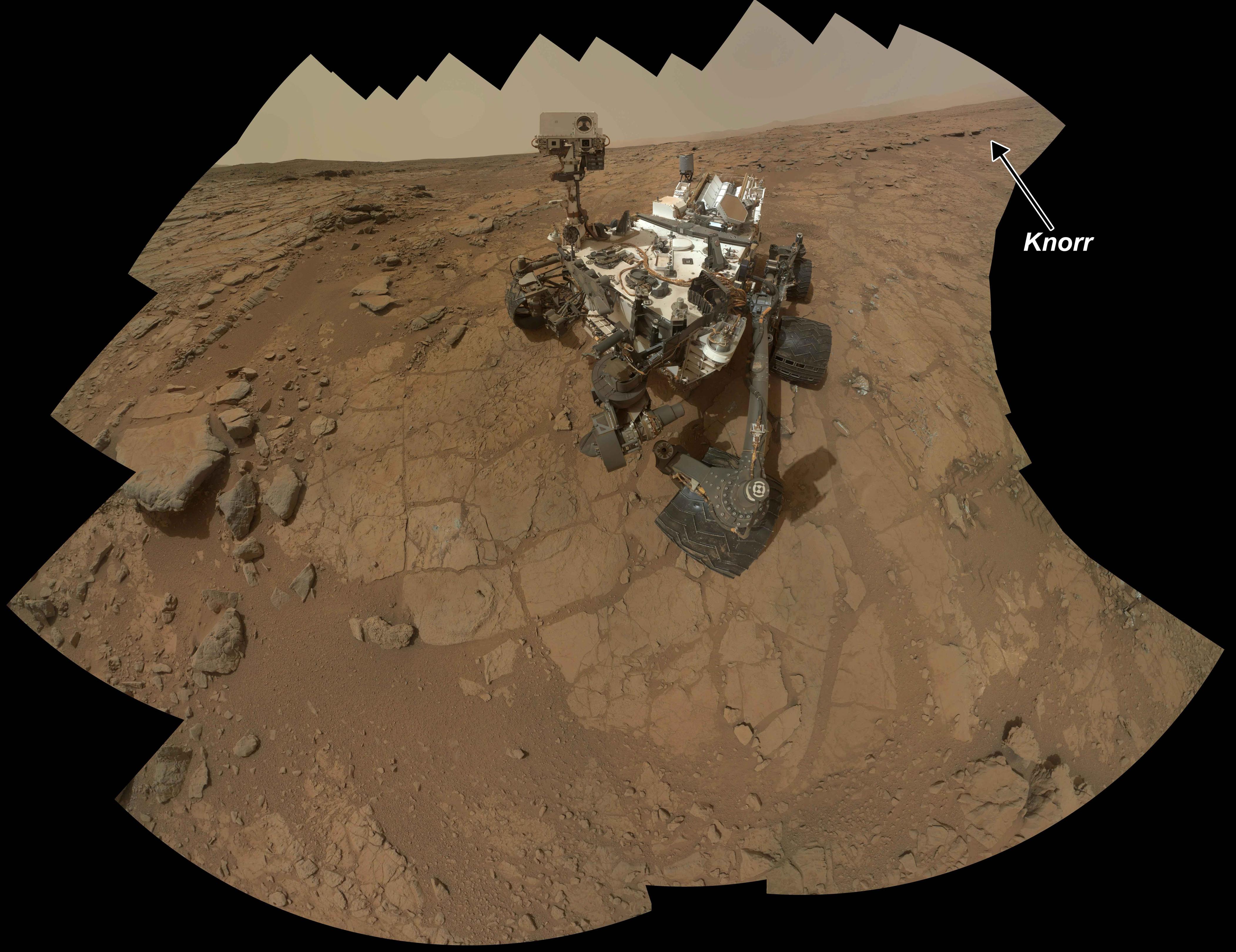 The location of a rock target called "Knorr" is indicated on this self-portrait of the Curiosity rover in the "Yellowknife Bay" area.