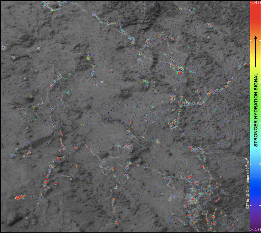 On this image of the rock target "Knorr," color coding maps the amount of mineral hydration indicated by a ratio of near-infrared reflectance intensities measured by the Mast Camera (Mastcam) on NASA's Mars rover Curiosity.