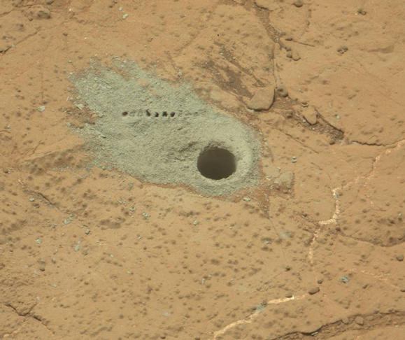 Drilled Hole and ChemCam Marks at 'Cumberland'