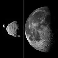 This illustration provides a comparison for how big the moons of Mars appear to be, as seen from the surface of Mars, in relation to the size that Earth's moon appears to be when seen from the surface of Earth.