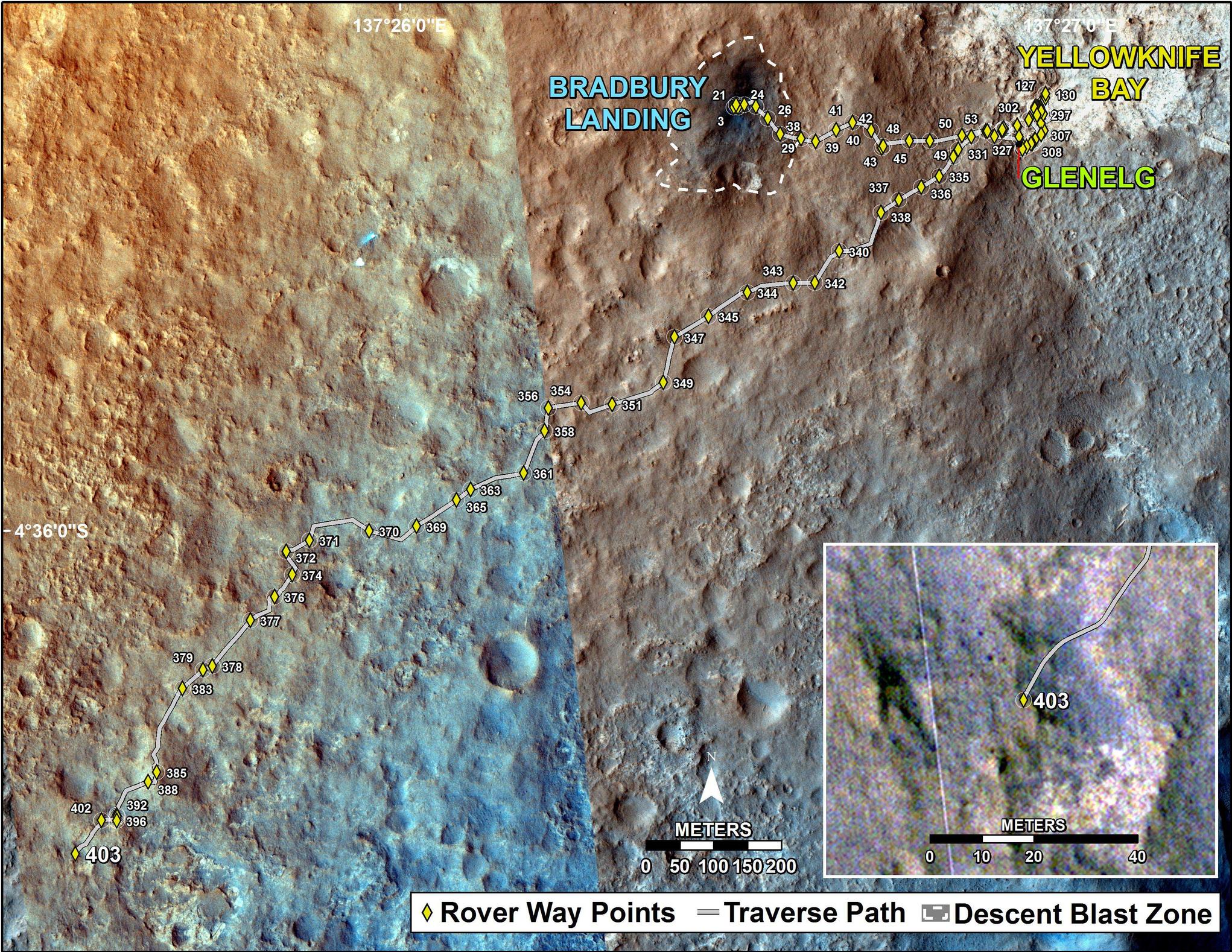 This map shows the route driven by NASA's Mars rover Curiosity through the 403 Martian day, or sol, of the rover's mission on Mars (September 24, 2013).