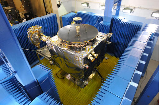 The MAVEN spacecraft is shown here in testing for Electromagnetic Interference and Electromagnetic Compatibility.