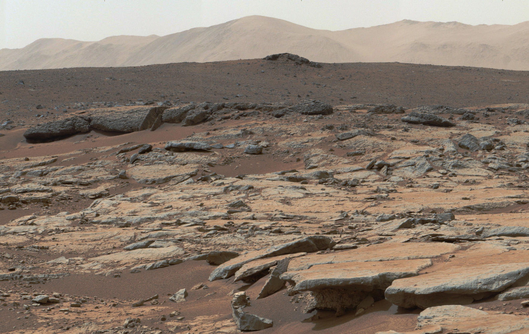 This mosaic of images from the Mast Camera (Mastcam) instrument on NASA's Curiosity Mars rover shows a series of sedimentary deposits in the Glenelg area of Gale Crater, from a perspective in Yellowknife Bay looking toward west-northwest.
