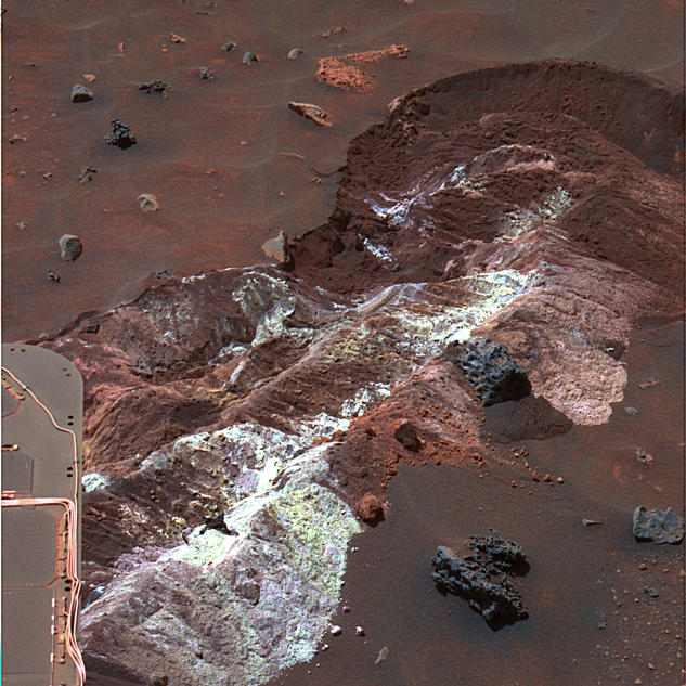 Spirit discovered this remarkable patch of bright, loose soil while driving toward "Home Plate" along the floor of the basin south of "Husband Hill" in Gusev Crater.