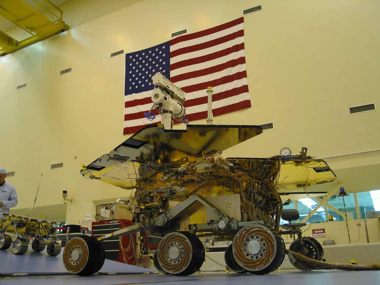 One of two Mars Exploration Rovers sits inside its cruise stage waitingto undergo environmental testing at NASA's Jet PropulsionLaboratory.