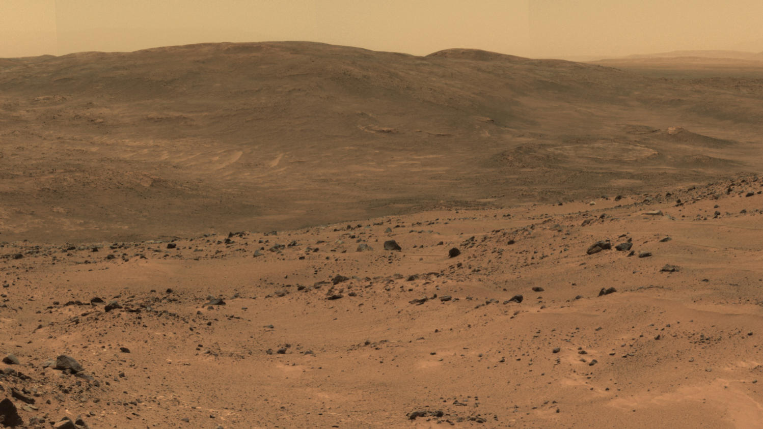 This section from a panorama that NASA's Mars Exploration Rover Spirit acquired in October 2005 from the top of "Husband Hill" presents the view toward the south from that summit.