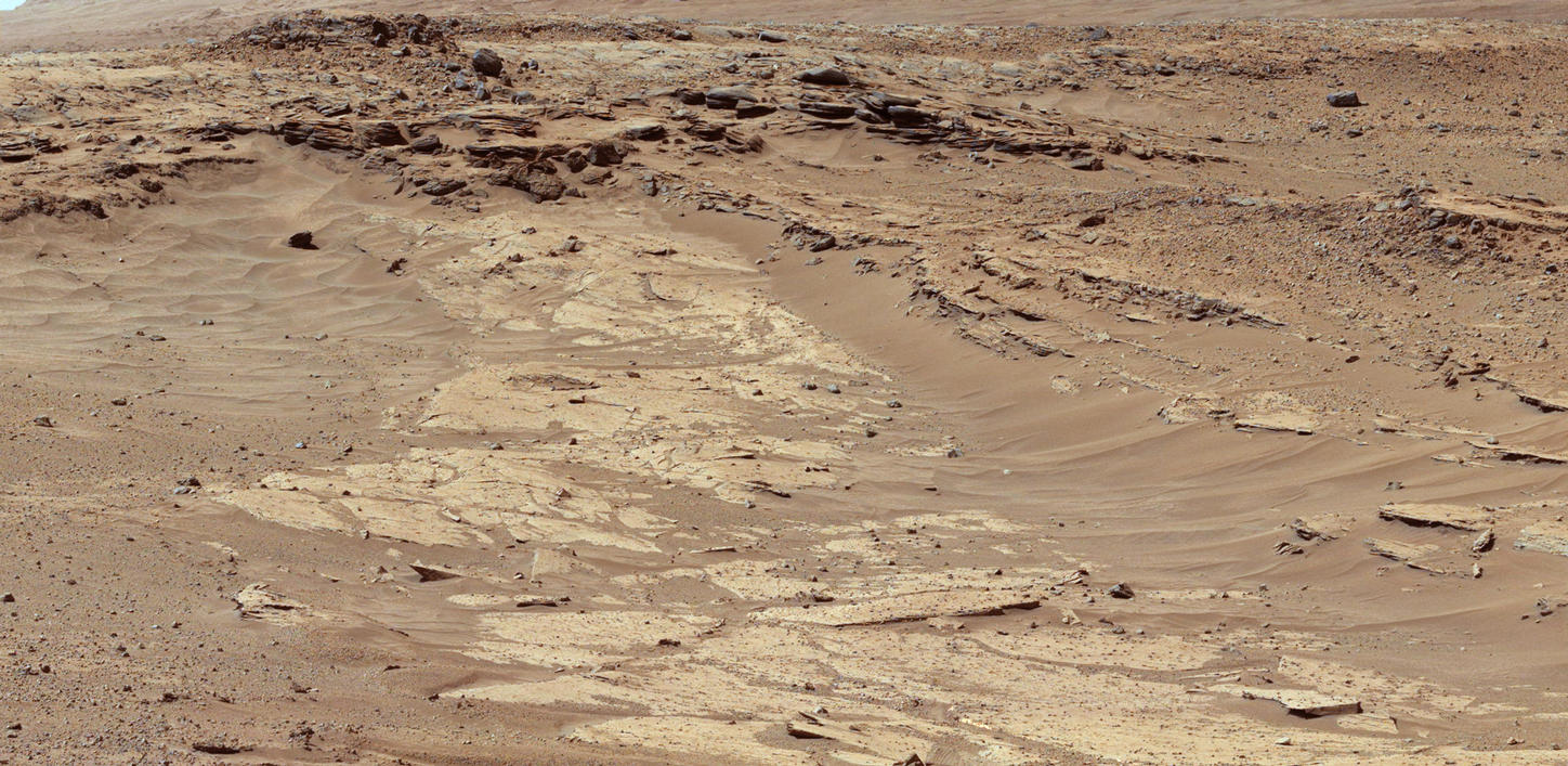 Sandstone layers with varying resistance to erosion are evident in this Martian scene recorded by the Mast Camera on NASA's Curiosity Mars rover on Feb. 25, 2004, about one-quarter mile (about 400 meters) from a planned waypoint called "the Kimberley."