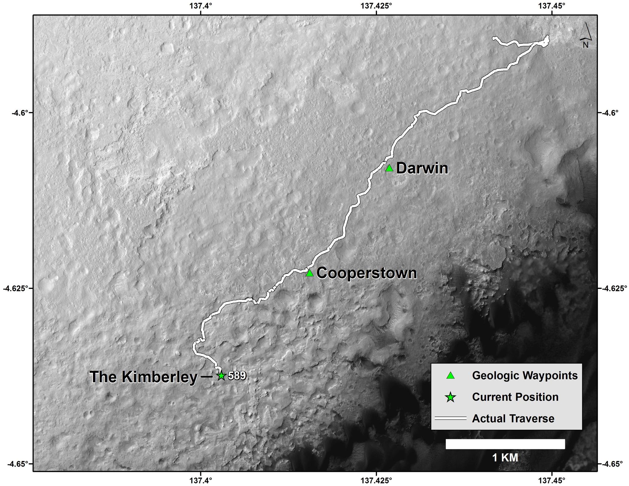 This map shows the route driven by NASA's Curiosity Mars rover from the "Bradbury Landing" location where it landed in August 2012 (the start of the line in upper right) to a major waypoint called "the Kimberley."