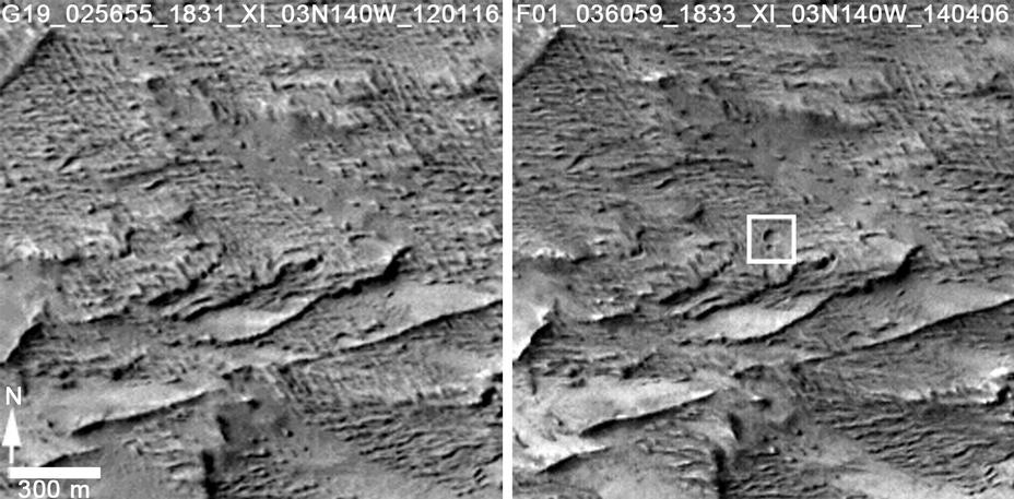 These images from the Context Camera on NASA's Mars Reconnaissance Orbiter were taken before and after an apparent impact scar appeared in the area in March 2012. Comparing the Jan. 16, 2012, image (left) with the April 6, 2014, one (right) confirms that fresh craters appeared during the interval.