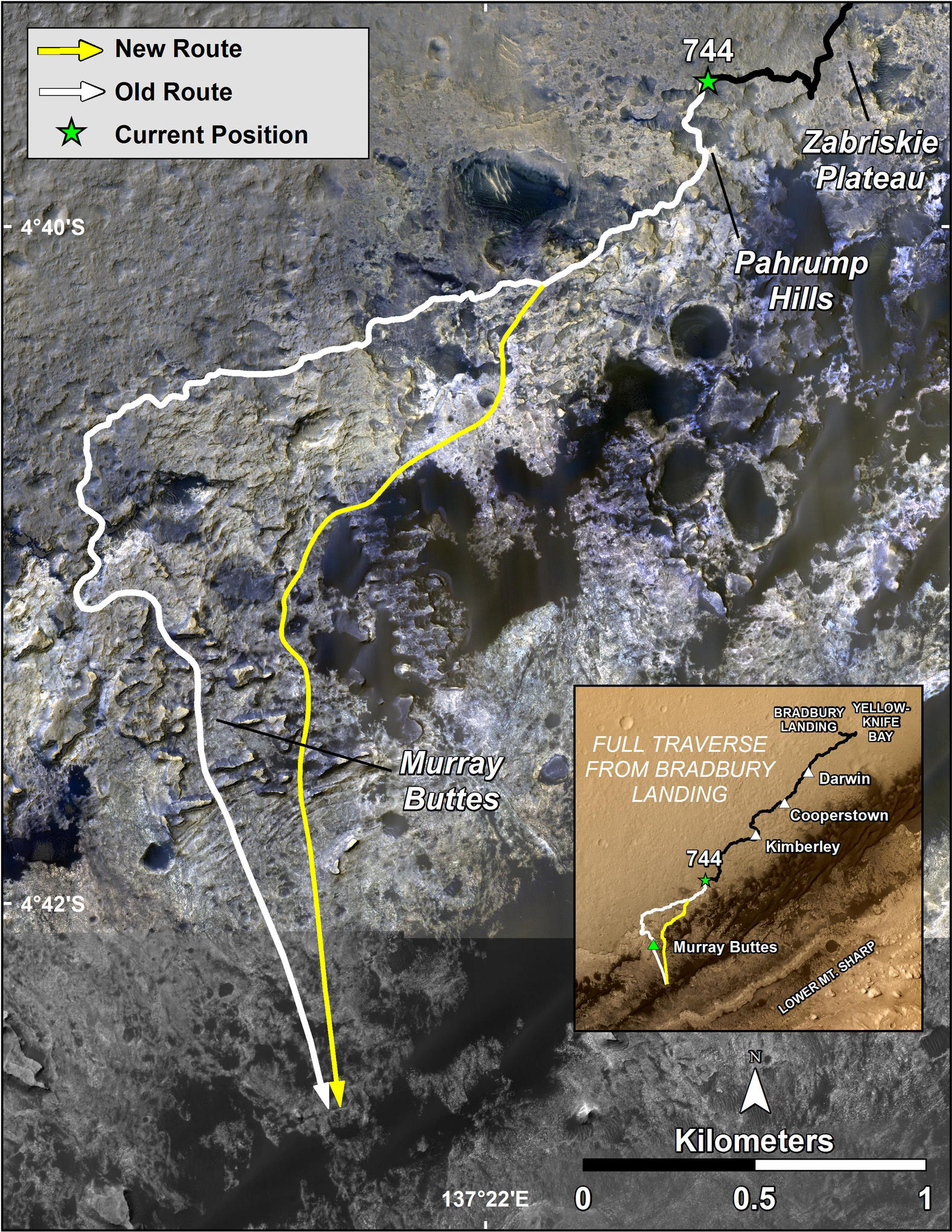 This image shows a base map of Mount Sharp with the transition between the "Murray Formation," with the rover's old path marked in white and the new path marked in yellow.