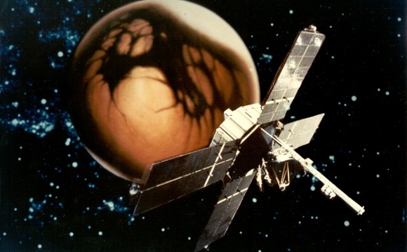Mariner 4 superimposed on an image of Mars