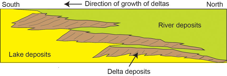 This diagram depicts a vertical cross section through geological layers deposited by rivers, deltas and lakes. Deposits from a series of successive deltas build out increasingly high in elevation as they migrate toward the center of the basin, over lake deposits.